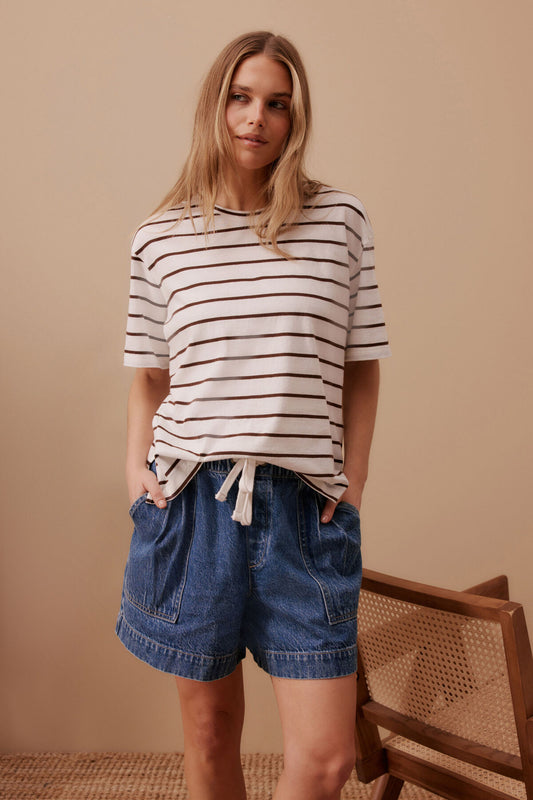 Ceres Life - Stevie Slouchy Tee - Vanilla/Chocolate Fine Stripe