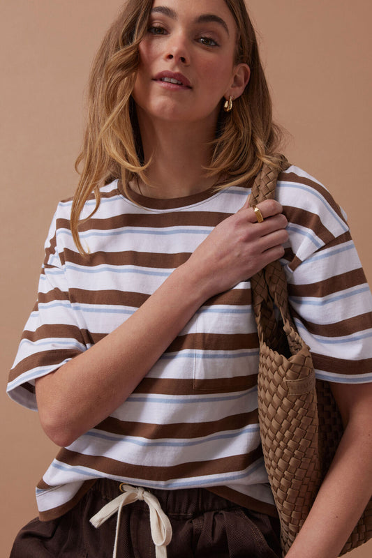 Ceres Life - Boxy Pocket Tee - White/Milk Choc Chalk Stripe