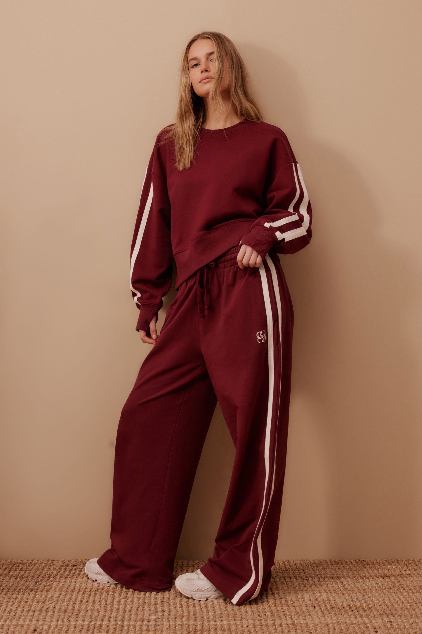 Ceres Life - Gigi Wide Leg Terry Trackpant - Burgundy Side Stripe