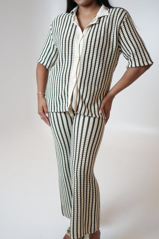 SALE - Amira Collective - Reni Retro Short Sleeve Knit Top Khaki & Beige