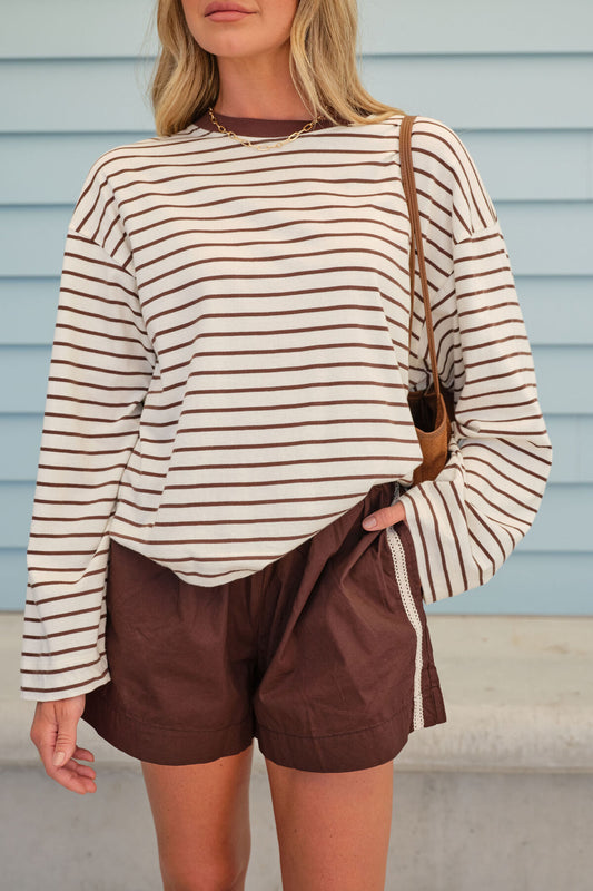 Ceres Life - Beau Long Sleeve Slouchy Tee - Milk/Brunette Brown Stripe