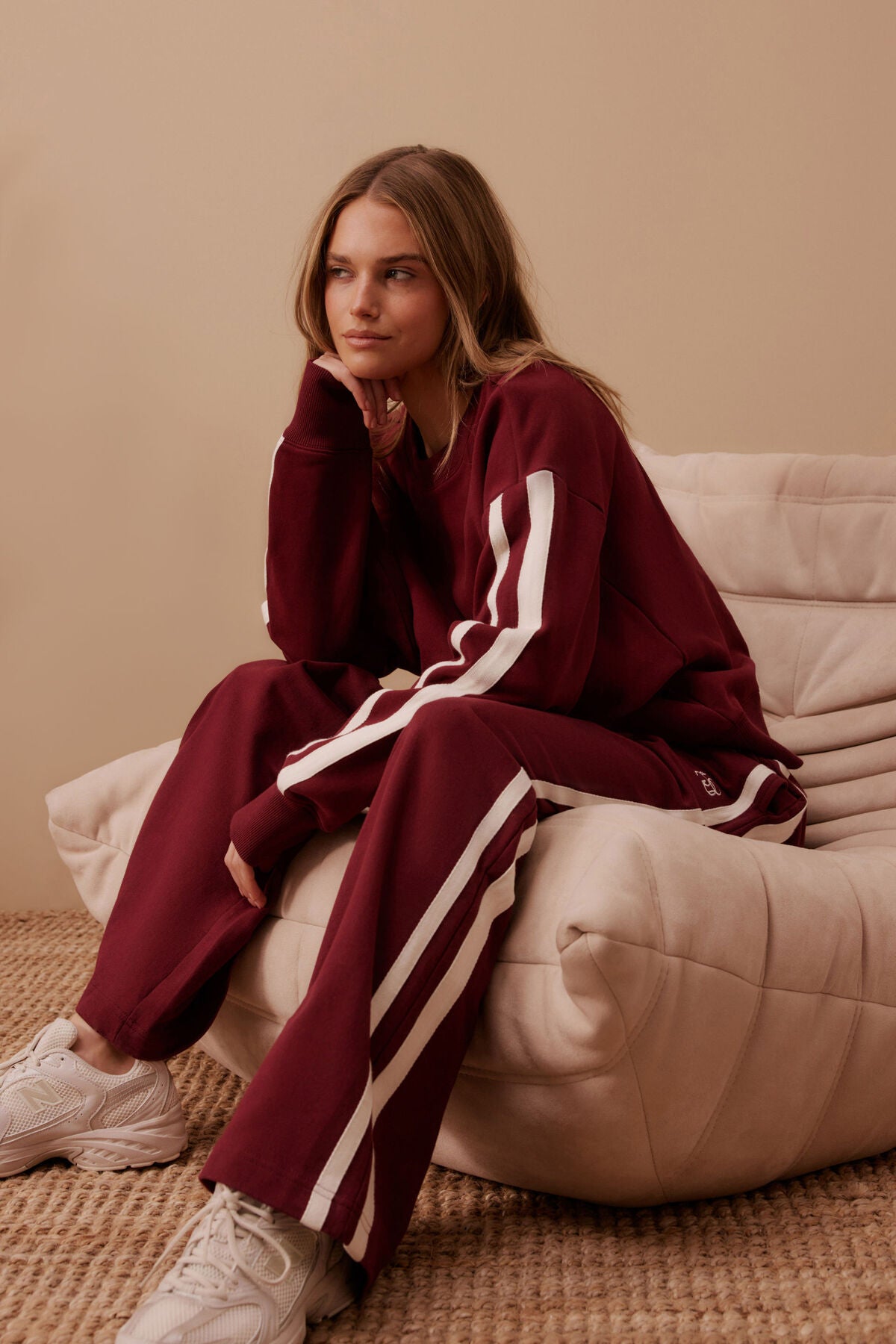 Ceres Life - Gigi Wide Leg Terry Trackpant - Burgundy Side Stripe