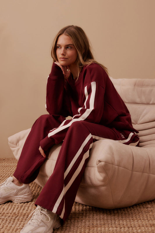 SALE - Ceres Life - Gigi Wide Leg Terry Trackpant - Burgundy Side Stripe