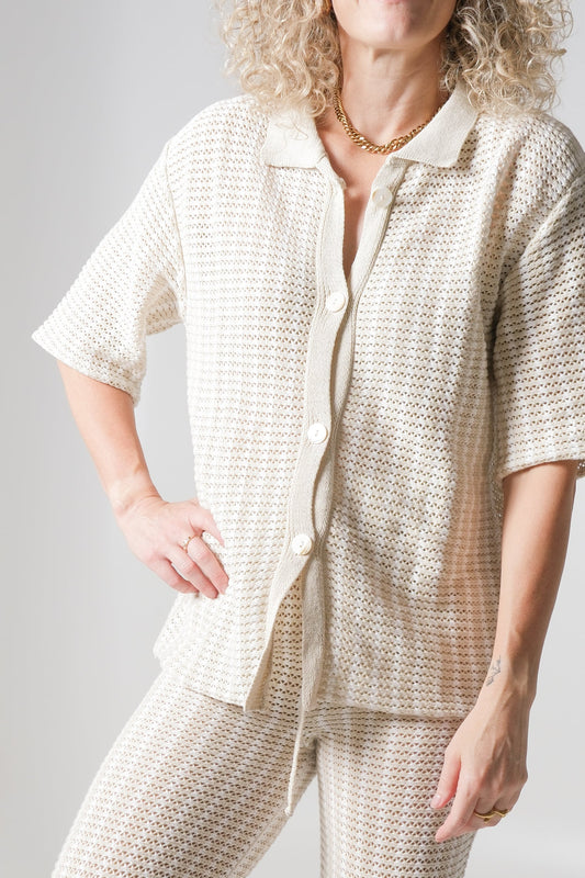 SALE - Collective - Reni Retro Short Sleeve Knit Top Beige & White