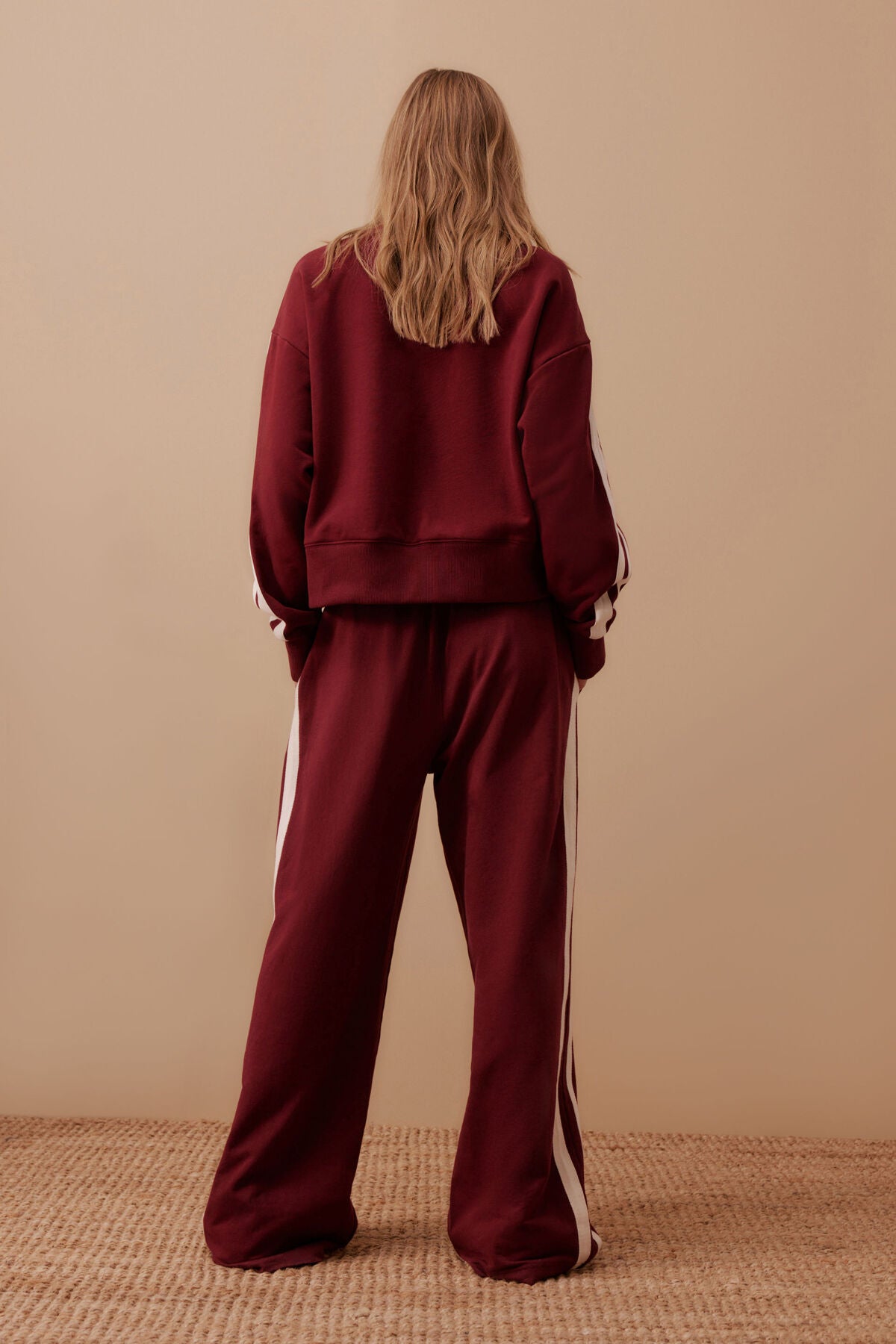 Ceres Life - Gigi Wide Leg Terry Trackpant - Burgundy Side Stripe