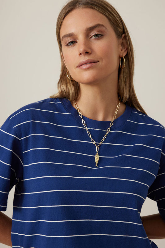 Ceres Life - Stevie Slouchy Tee - Prussian Blue/Milk Stripe