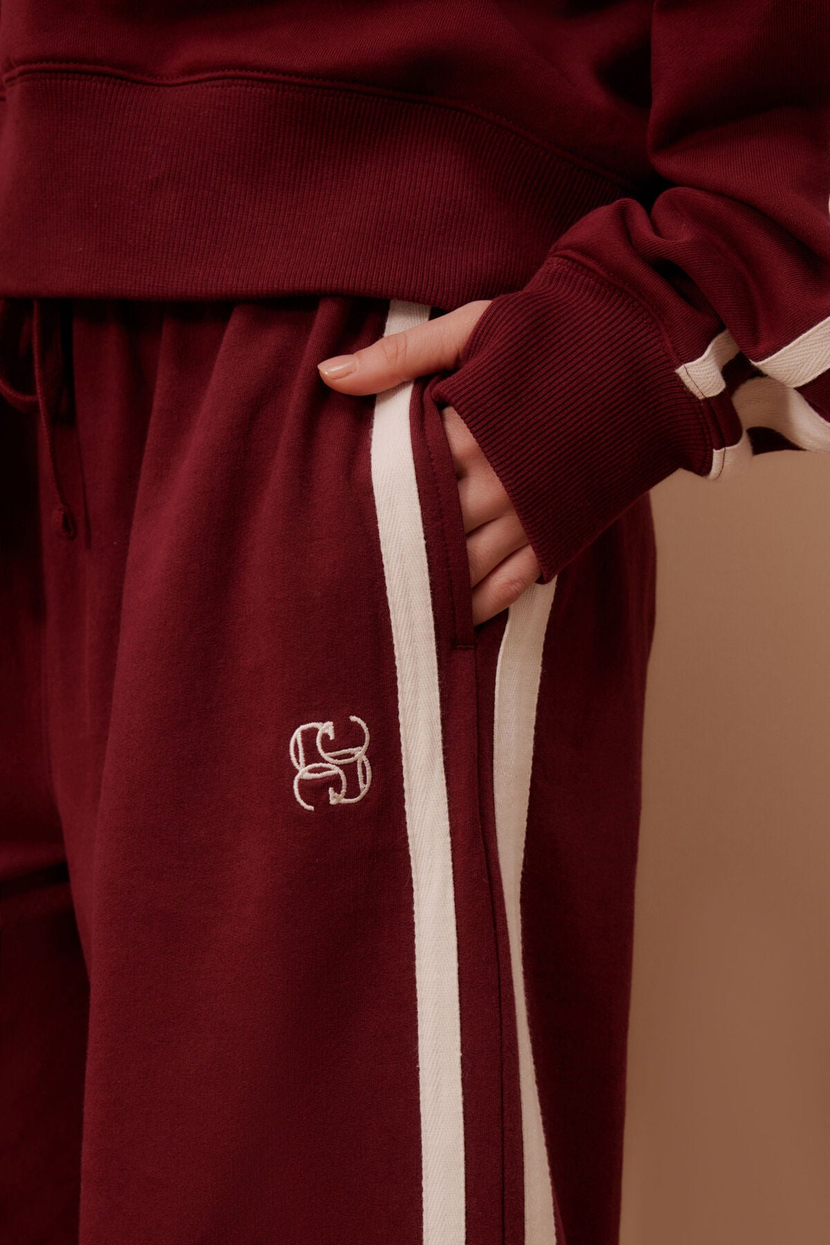 Ceres Life - Gigi Wide Leg Terry Trackpant - Burgundy Side Stripe