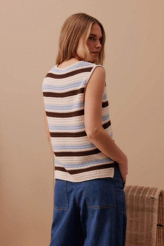 Ceres Life - Margot Mesh Knit Tank - Ecru/Chalk Choc Stripe