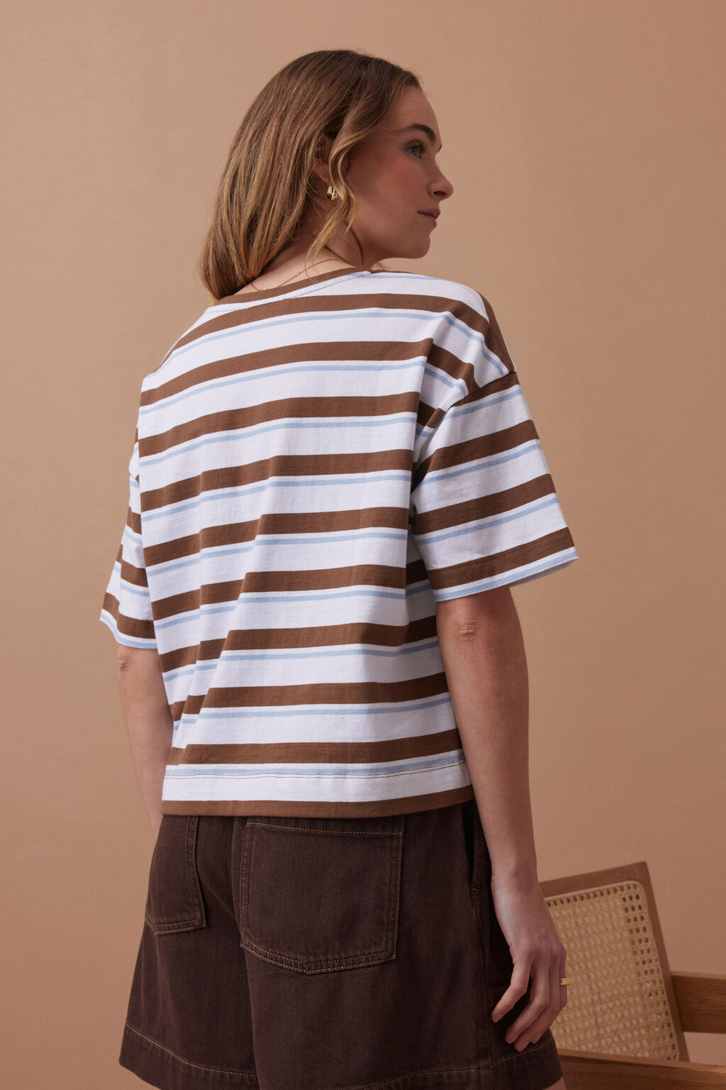 Ceres Life - Boxy Pocket Tee - White/Milk Choc Chalk Stripe