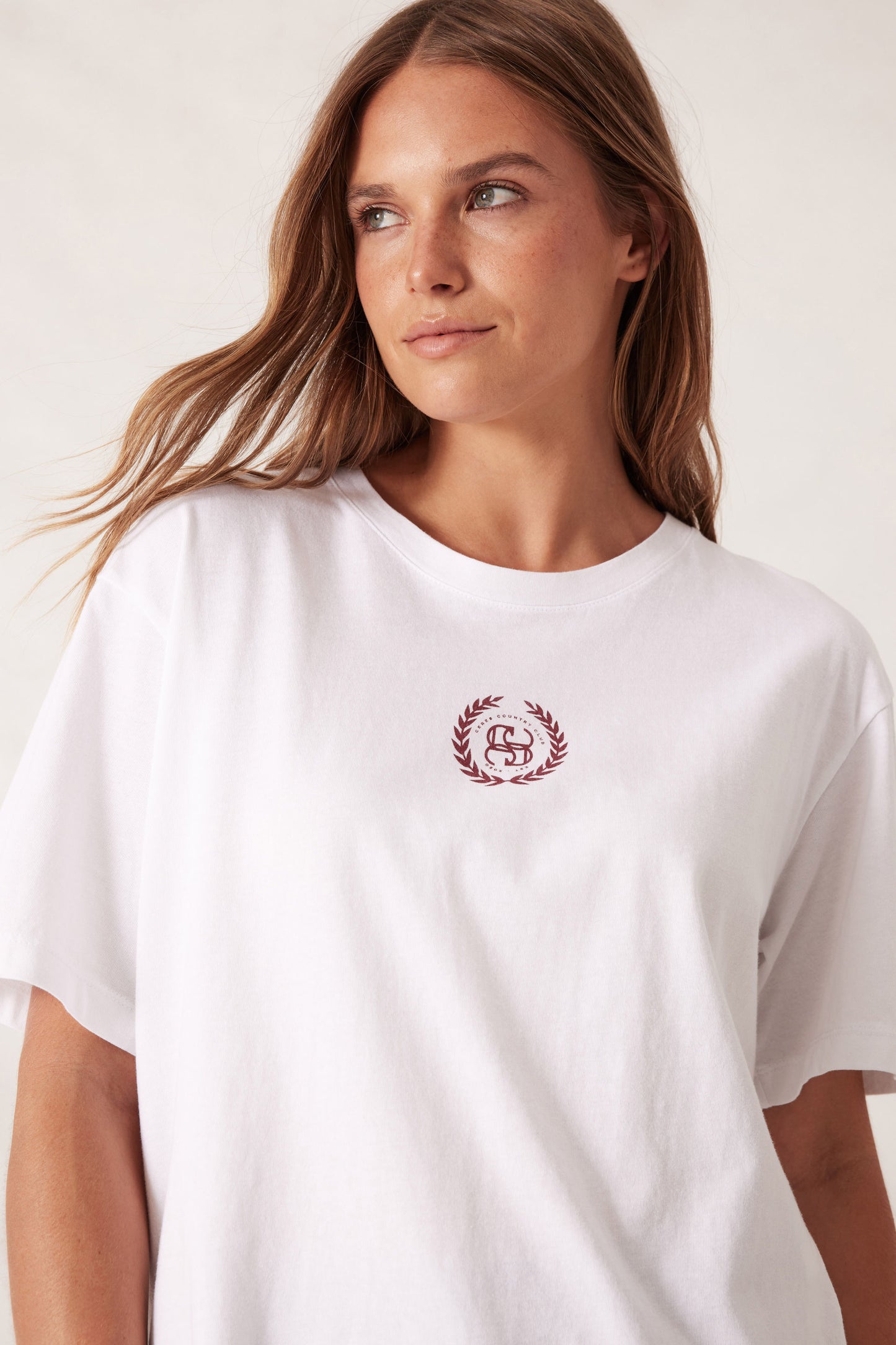 Ceres Life - Stevie Slouchy Tee - White/Burgundy Country Club Logo