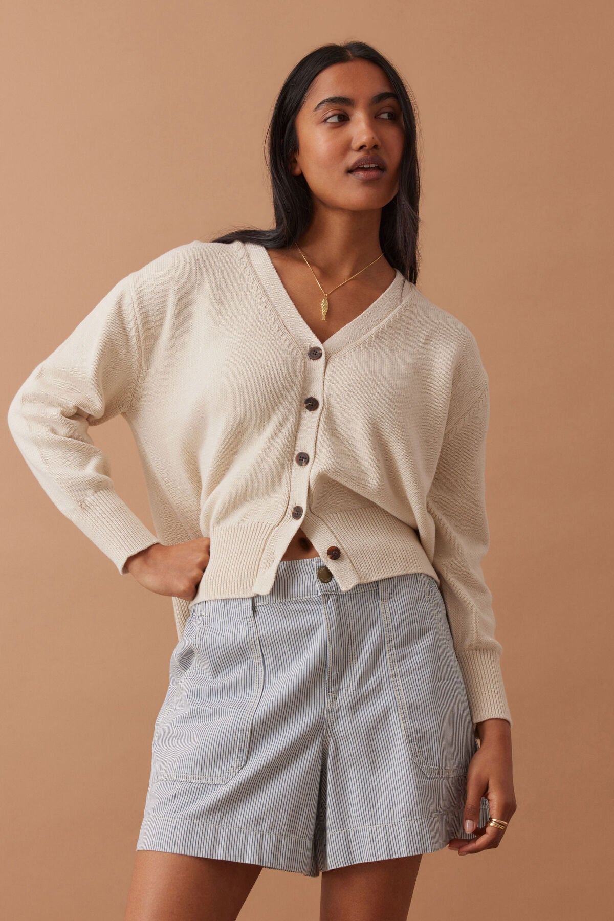 Ceres Life - Sadie Long Sleeve V Knit Cardi - Ecru