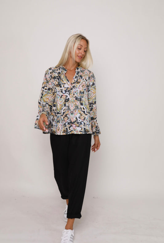 Carbon the Label - Perla Longlined Shirt - Black print
