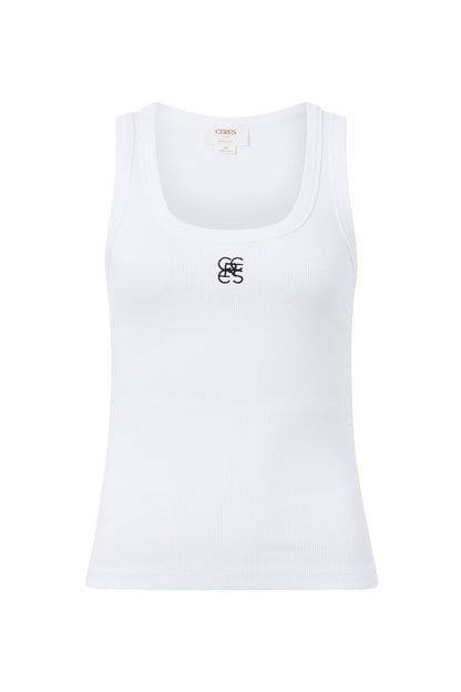 Ceres Life - Zoe Contour Rib Scoop Tank - White/Black Monogram Embroidery