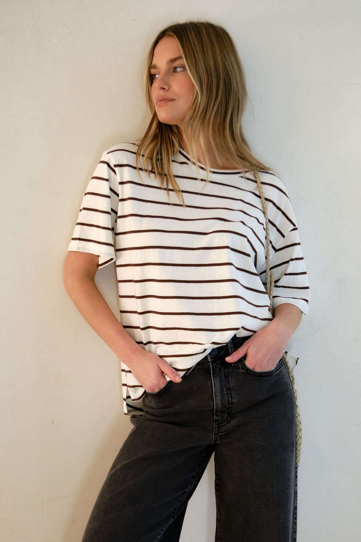 Ceres Life - Stevie Slouchy Tee - Vanilla/Chocolate Fine Stripe