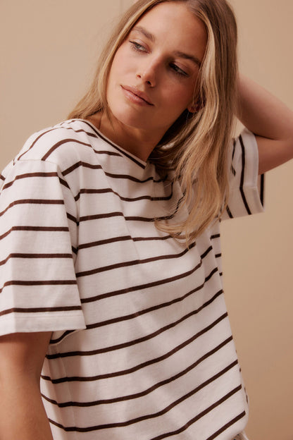 Ceres Life - Stevie Slouchy Tee - Vanilla/Chocolate Fine Stripe