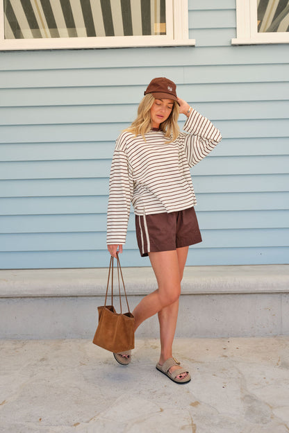 Ceres Life - Beau Long Sleeve Slouchy Tee - Milk/Brunette Brown Stripe