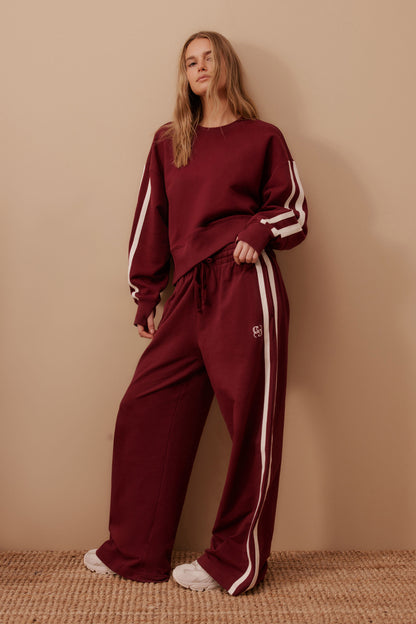 Ceres Life - Gigi Wide Leg Terry Trackpant - Burgundy Side Stripe