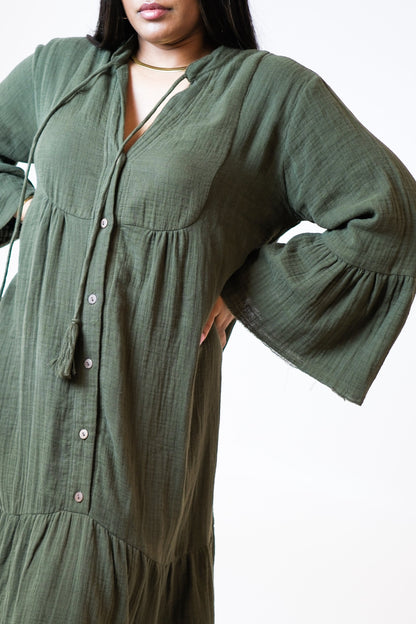 Amira Collective - Gypsy Khaki Cotton Midi Dress