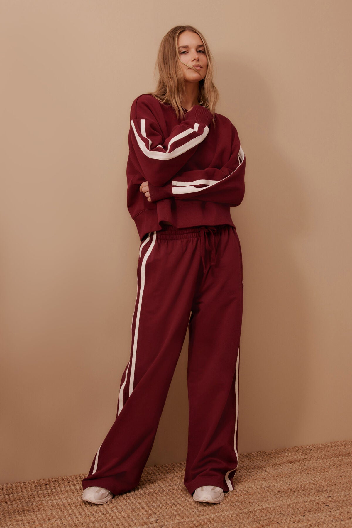 Ceres Life - Sporty Slouchy Crew - Burgundy Side Stripe