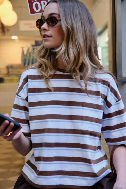 Ceres Life - Boxy Pocket Tee - White/Milk Choc Chalk Stripe