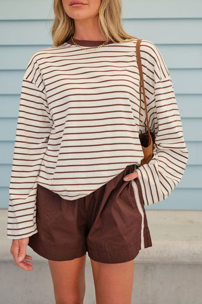 Ceres Life - Beau Long Sleeve Slouchy Tee - Milk/Brunette Brown Stripe