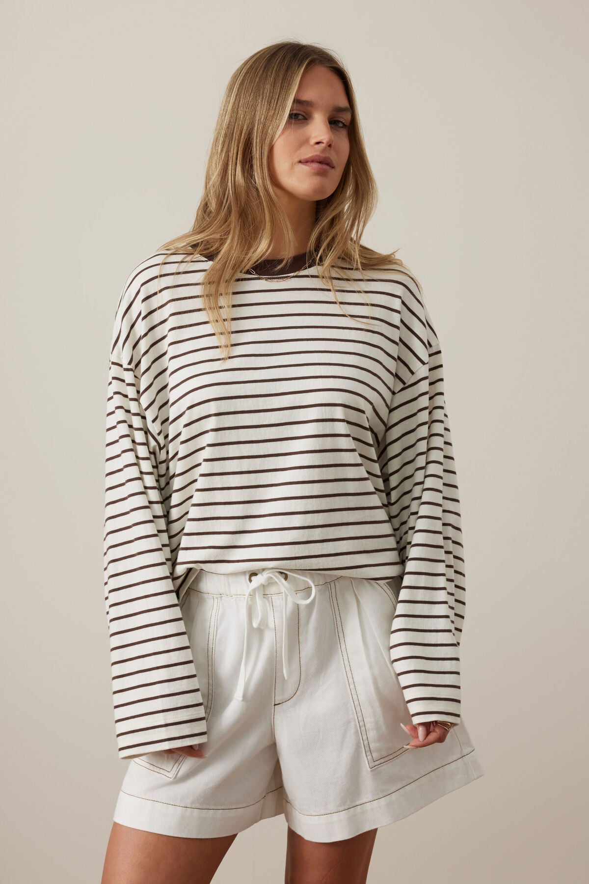 Ceres Life - Beau Long Sleeve Slouchy Tee - Milk/Brunette Brown Stripe