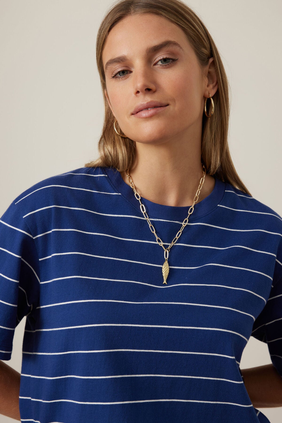 Ceres Life - Stevie Slouchy Tee - Prussian Blue/Milk Stripe