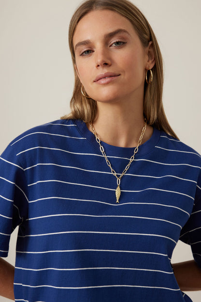 Ceres Life - Stevie Slouchy Tee - Prussian Blue/Milk Stripe