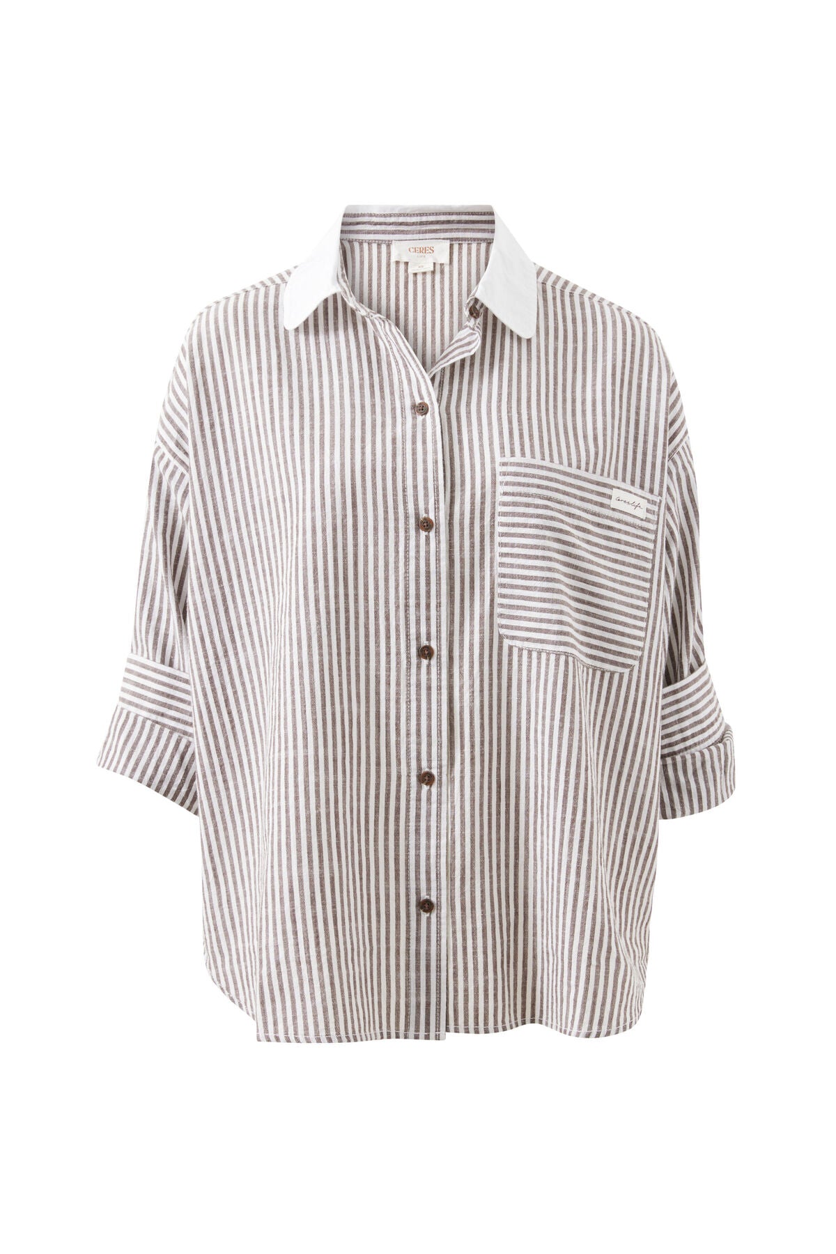 Ceres Life - Miya Shirt - Brown White Small Stripe