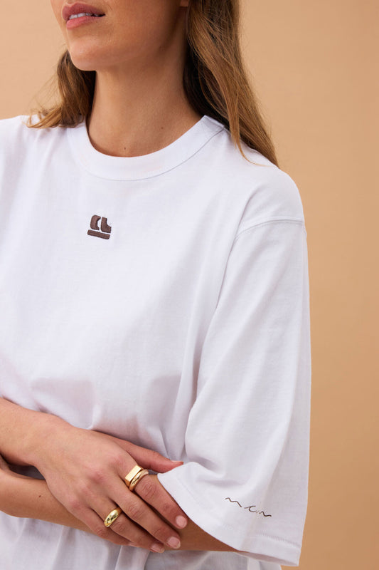 Ceres Life - Liv Oversized Tee - White/Choc CL Embroidery