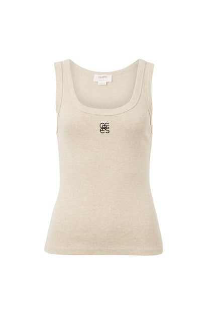 Ceres Life - Zoe Contour Rib Scoop Tank - Oatmeal/Black Monogram Embroidery