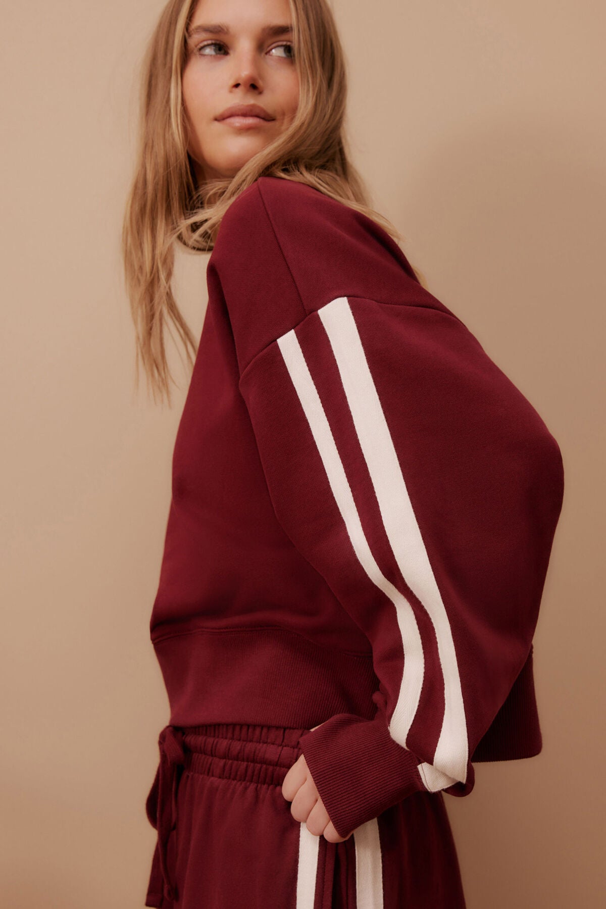 Ceres Life - Sporty Slouchy Crew - Burgundy Side Stripe