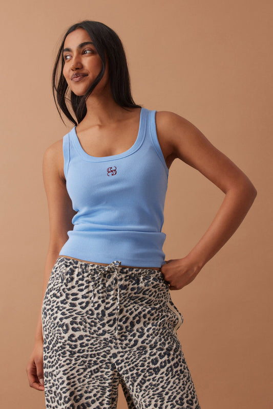 Ceres Life - Zoe Contour Rib Scoop Tank - Powder Blue/ Monogram Embroidery