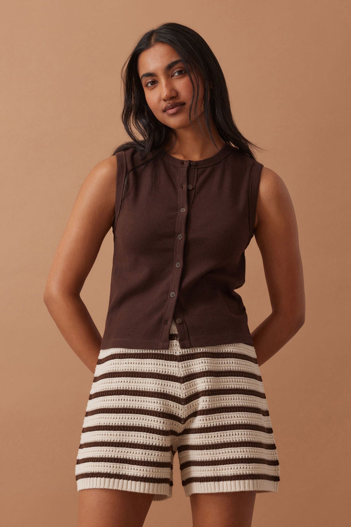 Ceres Life - Molly Textured Knit Short - Chocolate Stripe