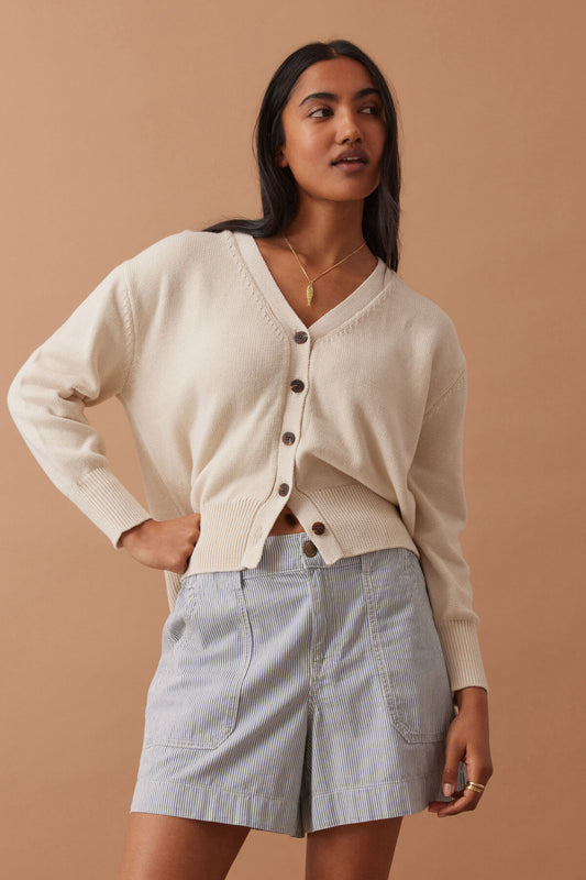 Ceres Life - Sadie Long Sleeve V Knit Cardi - Ecru